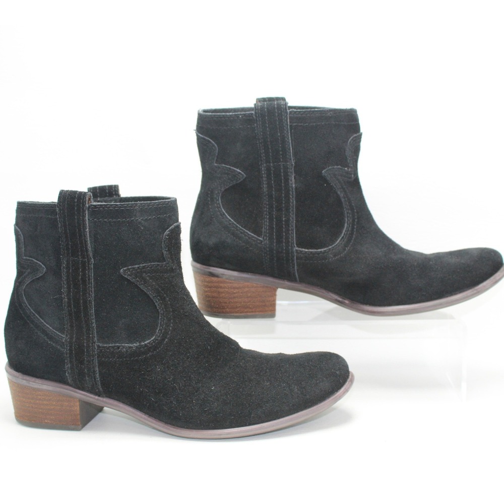 Lucky Brand Black‎ Suede Western Ankle Boots Stacked Block Heel Size 10